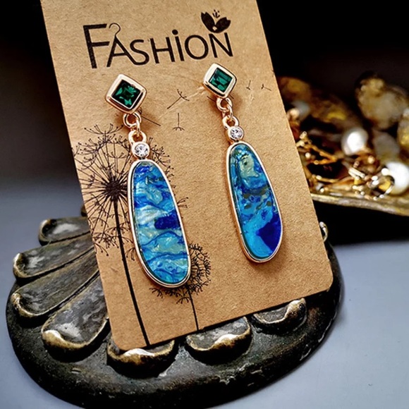 Sea Wave Opal Crystal Droplet Earrings - Picture 4 of 5